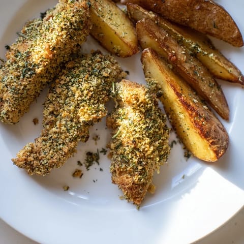 Savory herbed chicken tenders sizzling next to crispy potato wedges, perfect for sharing and flavor.