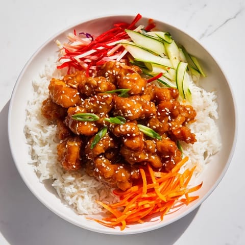 Close-up of a flavorful Sriracha Honey Chicken Rice Bowl, perfectly highlighting the tender chicken and fresh garnishes.