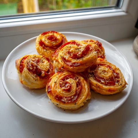 Freshly baked mini pepperoni pizza pinwheels, displaying a delicious, cheesy pizza filling and crispy pastry.