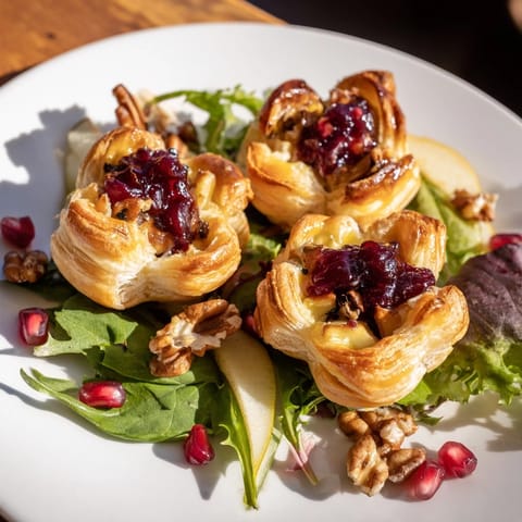 Close-up of baked cranberry and brie flower bites with creamy brie and tart cranberry filling, ready to serve.