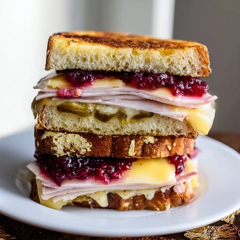 Warm, air fryer jalapeño cranberry turkey grilled cheese, with a spicy-sweet, festive flavor.
