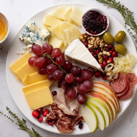 Festive Jingle Bell Cheese Board with Brie, grapes, and crackers, perfect for holiday entertaining.
