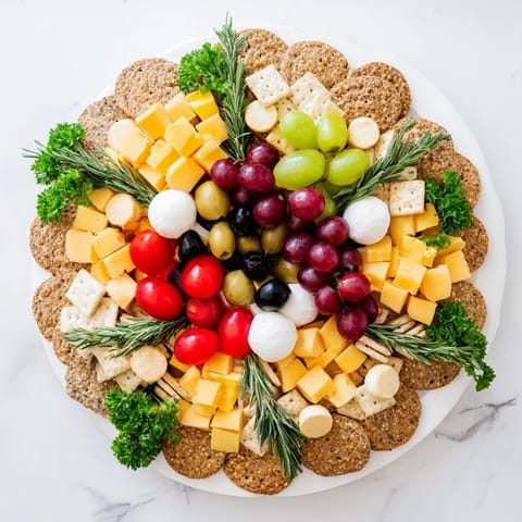 Holiday-ready Jingle Bell Cheese & Cracker Wreath with colorful grapes, olives, and rosemary, perfect for entertaining.