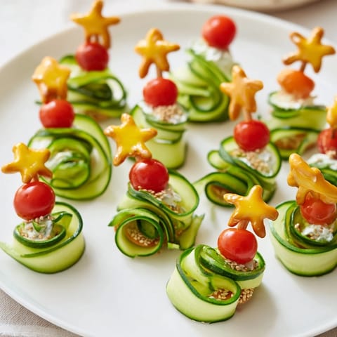 Crisp, spiral cucumber ribbon Christmas trees with creamy cheese, a refreshing appetizer for a party.