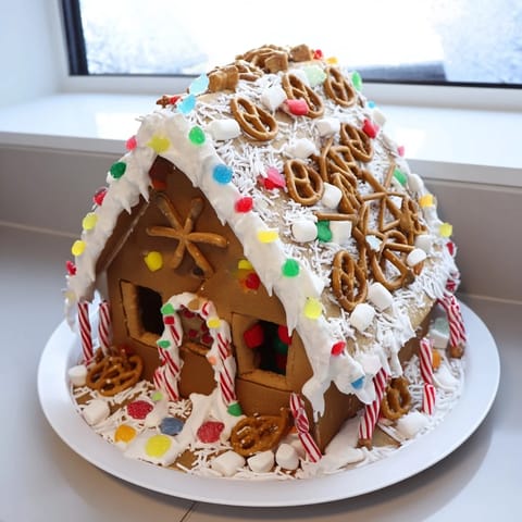 The vibrant gingerbread house kit provides a sweet treat with colorful candies and smooth icing.