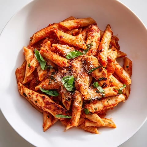 Zesty chili-infused tomato sauce coats al dente penne pasta topped with juicy sliced chicken for a hearty Italian-American meal.  