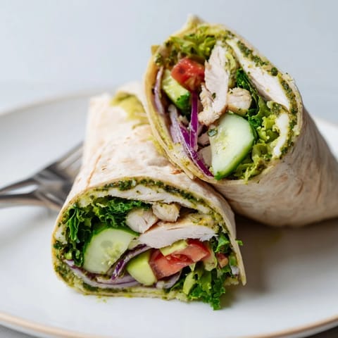 Sliced chimichurri chicken salad wrap with crisp cucumber, tomato, and fresh herbs on a soft tortilla, ready to serve.