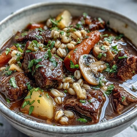 Homemade Beef and Barley Soup simmering in a pot, featuring pearl barley, celery, and potatoes.