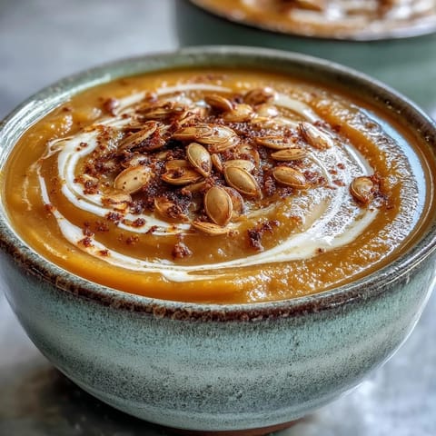 Spoon-ready bowl of velvety butternut squash soup, garnished with fresh thyme and a swirl of coconut cream.