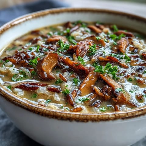 A hearty bowl of Wild Rice Mushroom Soup, featuring tender wild mushrooms and nutty rice in a savory herb-infused broth.