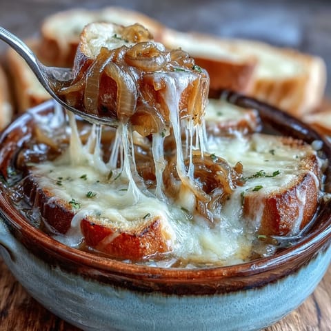 Steaming bowl of rich French Onion Soup featuring deeply caramelized onions, topped with crusty bread and gooey, golden cheese.