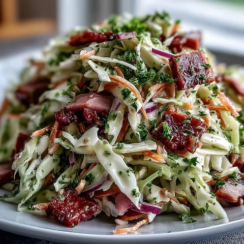 Vibrant bowl of German Cabbage Coleslaw With Shredded Ham garnished with fresh parsley, ready to serve alongside grilled bratwurst or hearty schnitzel for a festive meal.