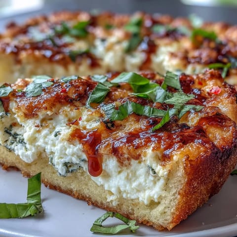 A slice of Hot Honey Ricotta Pizza being lifted, revealing fluffy crust, creamy ricotta, and sweet-heat honey drizzle.