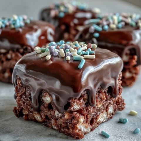 Square of Chocolate Covered Rice Krispy Treats showing glossy chocolate coating and gooey marshmallow texture up close.