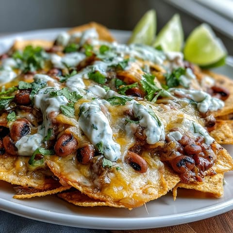 Golden-brown tortilla chips topped with melted cheddar, black-eyed peas, jalapeños, and fresh cilantro on a rustic platter. 