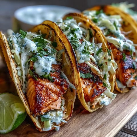 A close-up shows flaky salmon and creamy slaw piled high in these Air Fryer Salmon Tacos With Slaw. 