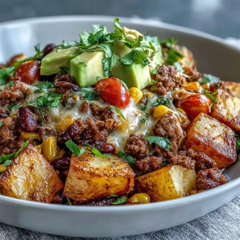 A close view of the Loaded Potato Taco Bowl featuring avocado, black beans, corn, and fresh cilantro on a rustic table.