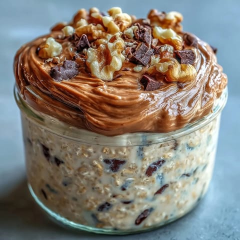 A jar of Chunky Monkey Protein Overnight Oats topped with crushed walnuts and a drizzle of peanut butter.  