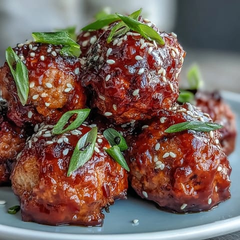 Golden-brown Spicy Chili Honey Turkey Meatballs on a dark plate, glossy sweet and spicy glaze dripping, topped with fresh green onions and sesame seeds, served as a party appetizer.