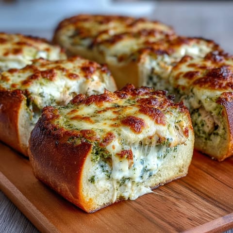 Golden baked Pesto Chicken Garlic Bread Boats filled with gooey mozzarella and herbs on a serving tray.