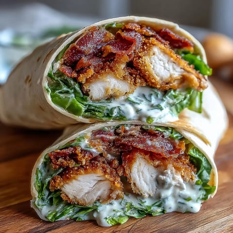 Golden-brown Crispy Chicken Bacon Caesar Wraps stuffed with creamy Caesar-dressed romaine, bacon, and sliced chicken on a white plate.