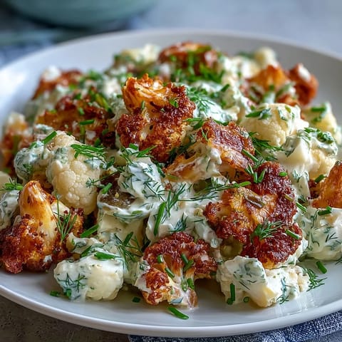 Keto cauliflower potato salad with dill pickles and eggs, a creamy low-carb side dish perfect for summer barbecues.  