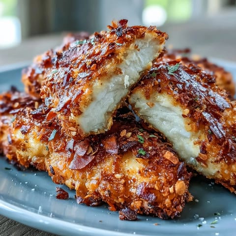 Keto crispy Parmesan crusted chicken tenders with ranch slaw, golden and crunchy on a serving platter.  