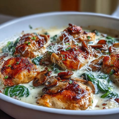 Keto Creamy Spinach Mushroom Chicken Skillet with tender chicken, fresh spinach, and savory mushrooms in a rich, velvety sauce.  