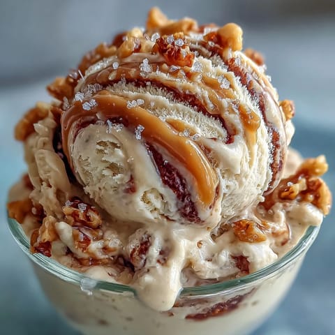 Creamy tahini ice cream with Medjool date swirls and a sprinkle of flaky sea salt, served in a chilled bowl.  