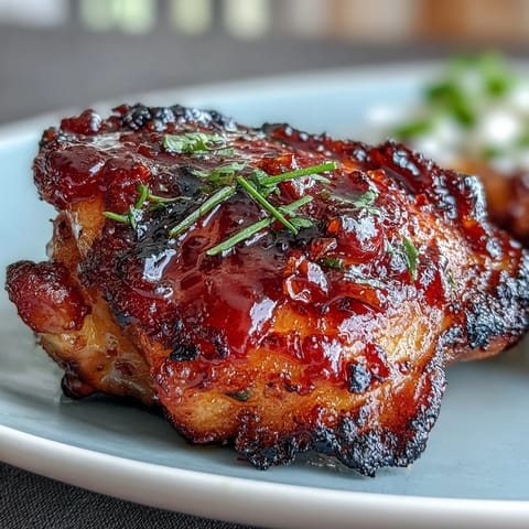 1. Chili jam chicken glaze with sticky, caramelized skin and vibrant chili garnish served on a rustic wooden board.  