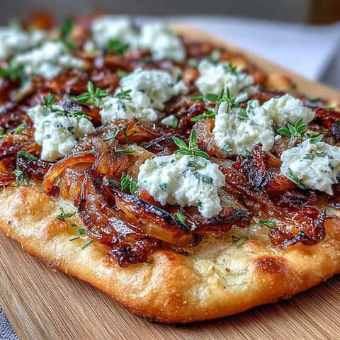Golden baked flatbread with layers of rich caramelized onions, tangy goat cheese crumbles, and aromatic thyme leaves for a vegetarian main dish.  