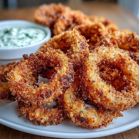 Golden, crispy onion rings made in the air fryer, served with a creamy garlic aioli dip for a healthier appetizer.  