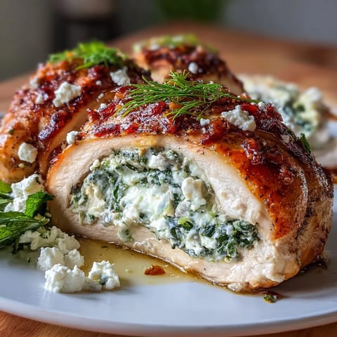 Delicious spinach and feta stuffed chicken breasts, baked until golden and juicy, with a creamy herb filling.  
