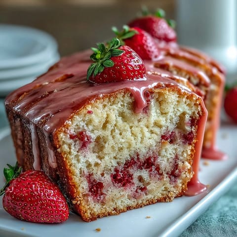 Strawberry swirl pound cake loaf with glaze, a moist vanilla cake marbled with vibrant homemade strawberry swirl and topped with glossy vanilla glaze.