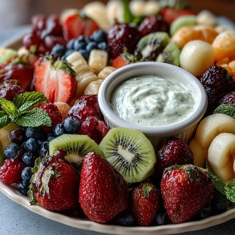 Vibrant baby shower fruit platter with yogurt dip, arranged in a blooming flower design using fresh seasonal fruits. Creamy honey-yogurt dip served alongside colorful fruit petals in a spring-inspired appetizer spread. Fresh fruit platter arranged like a flower, featuring strawberries, grapes, and melon served with lemon-honey yogurt dip.