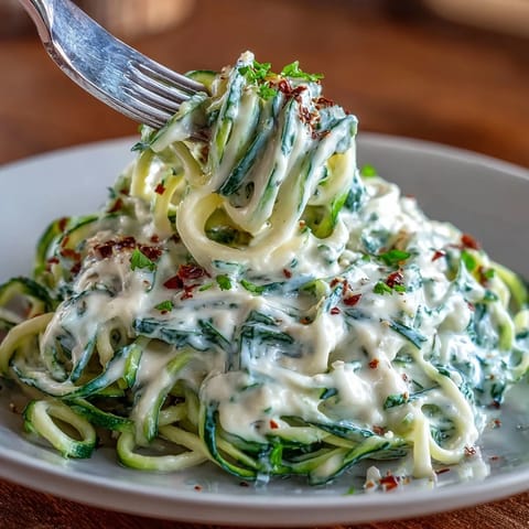 Creamy cottage cheese Alfredo sauce drizzled over tender zucchini noodles in a healthy, protein-packed meal.