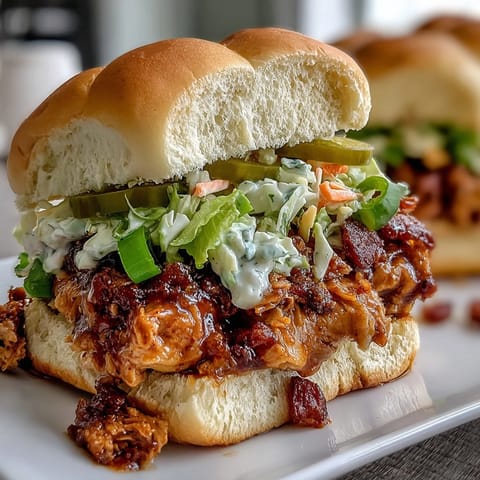 Juicy, slow-cooked Mississippi chicken piled high on slider buns with tangy coleslaw and pickles, perfect for parties.