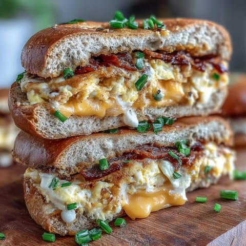 Protein bagels stacked with fluffy eggs and melted cheese, ready for a quick, satisfying breakfast on the go.