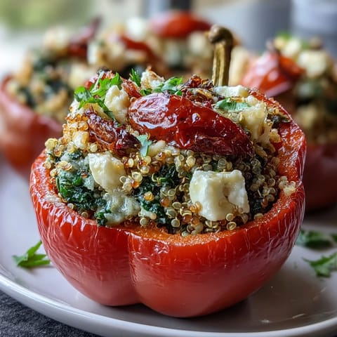 Vibrant stuffed bell peppers bursting with quinoa, herbs, and vegetables, baked until tender for a Mediterranean-inspired meal.