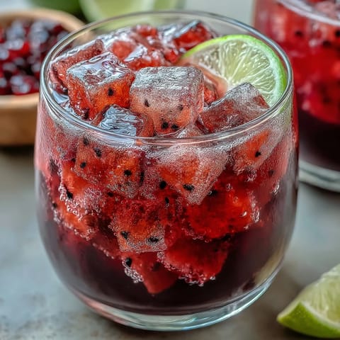 Refreshing dragon fruit refresher with creamy coconut milk, strawberries, and lime, served over ice in a tall glass.
