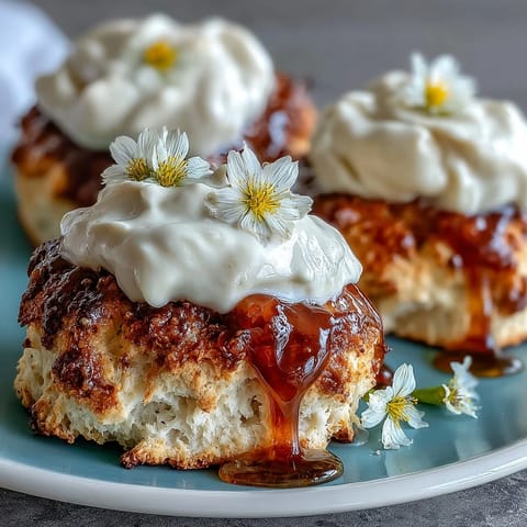 Golden scones made with dandelion honey, served with a generous dollop of clotted cream for a classic British treat.