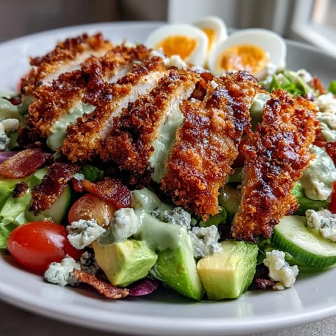 Freshly baked Parmesan Crusted Chicken Cobb Salad with crispy golden thighs, creamy avocado, and crumbled bacon on vibrant greens.