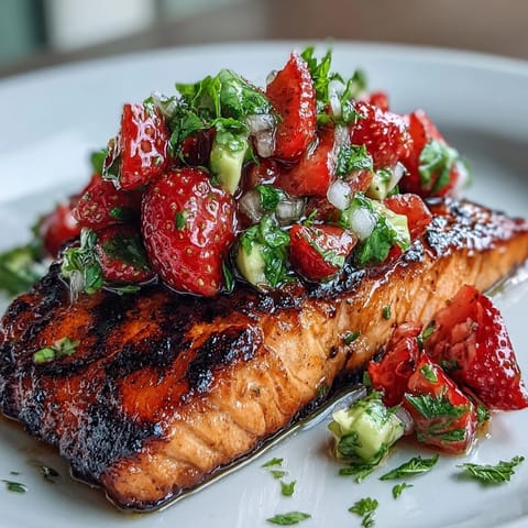 Tender salmon grilled to perfection and served with a colorful strawberry avocado salsa, ideal for a healthy, gluten-free main course.  