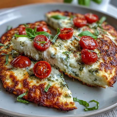 Wholesome cottage cheese flatbread with vibrant basil pesto and juicy cherry tomatoes, perfect for a light and protein-packed meal.