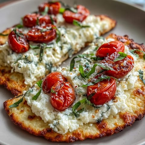 Golden cottage cheese flatbread topped with aromatic pesto, fresh tomatoes, and parmesan, offering a deliciously healthy appetizer or snack.