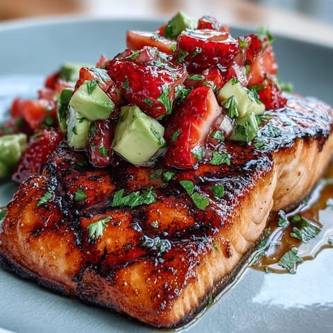A juicy grilled salmon fillet topped with vibrant strawberry avocado salsa, bursting with fresh flavors for a light summer dinner.  