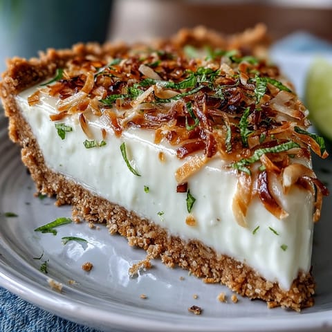 A golden coconut lime tart with graham cracker crust, garnished with whipped cream and toasted coconut flakes.