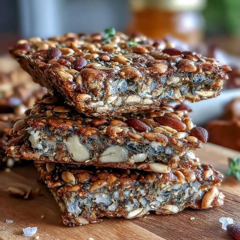 Crispy homemade seed crackers with flax, sunflower, and sesame seeds, golden and perfect for snacking.