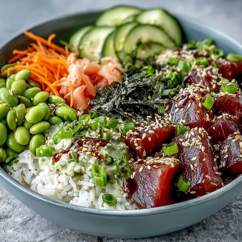 Vibrant Spring Tuna Poke Bowl with fresh veggies and bright ponzu dressing.