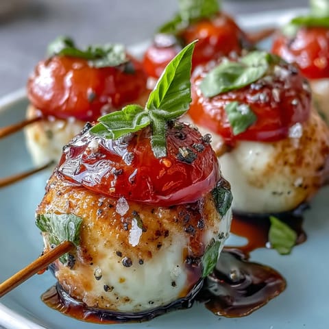 Caprese Skewers appetizer with balsamic drizzle, vibrant and easy Italian bites.